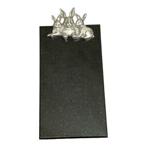 Decorative Rabbit Figurine on Black Marble Serving Platter, 13" x 6